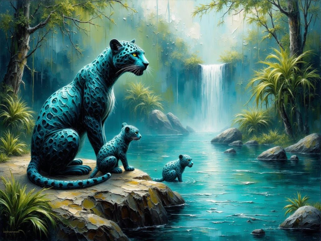 Turquoise Jaguar Family in Amazon Jungle