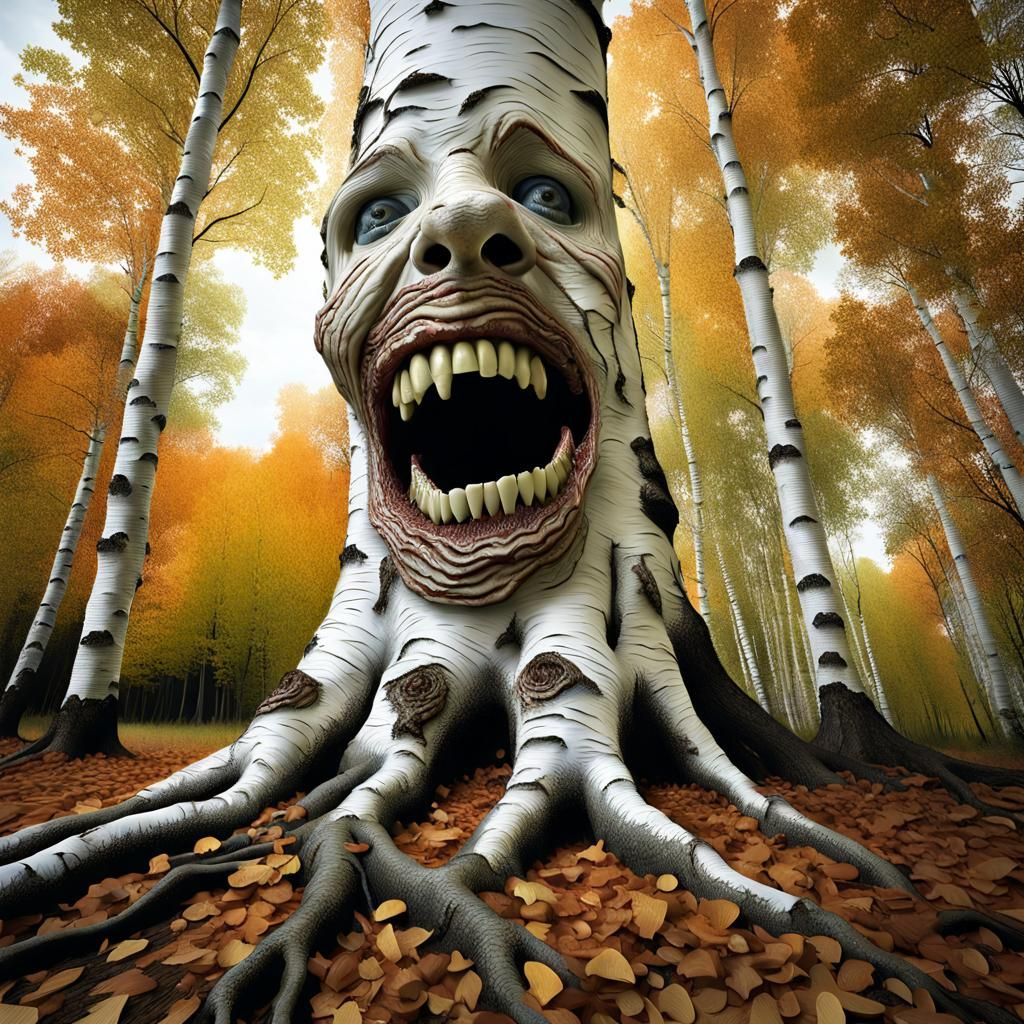 Creepy Humanoid Gnawing on Birch Tree Roots