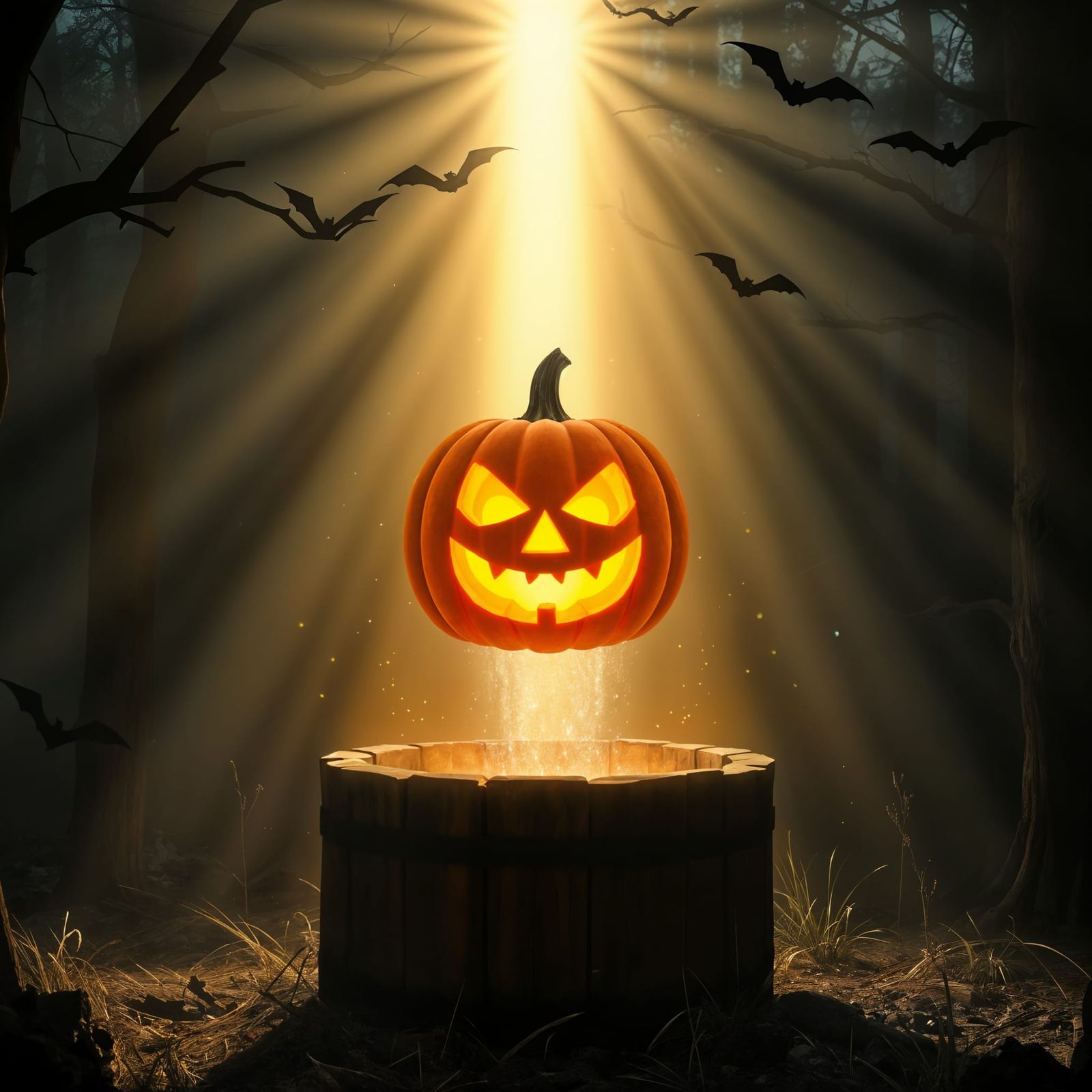 Golden Jack-o'-Lantern in Magical Fairy Forest