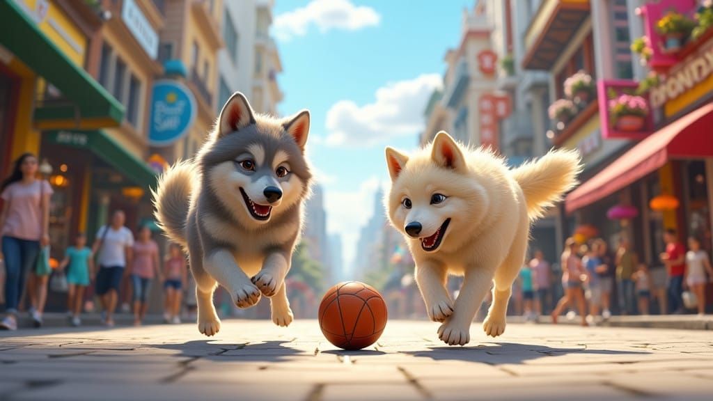Happy Wolves Play in Vibrant City Streets in Photorealistic...