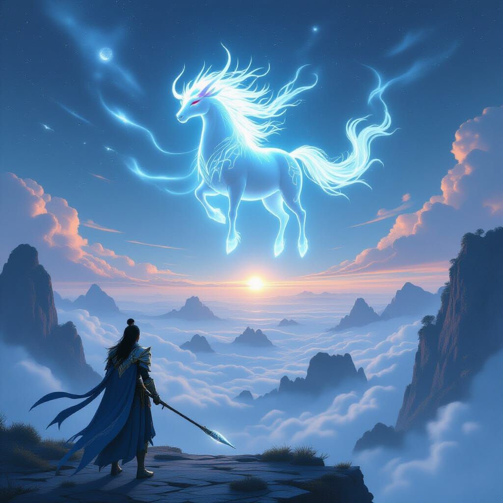 Warrior and Bioluminescent Kirin in Anime Style