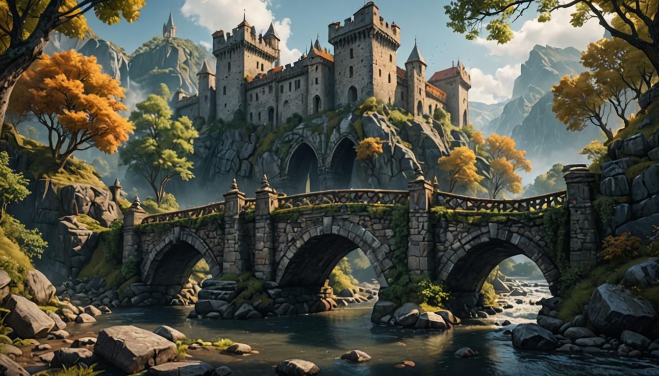 Fantastical Stone Bridge Matte Painting in Deep Color