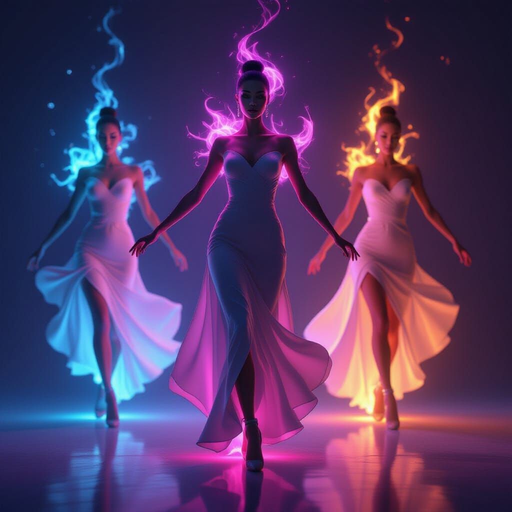 Elegant Dancers in Neon Trails and Celestial Fire
