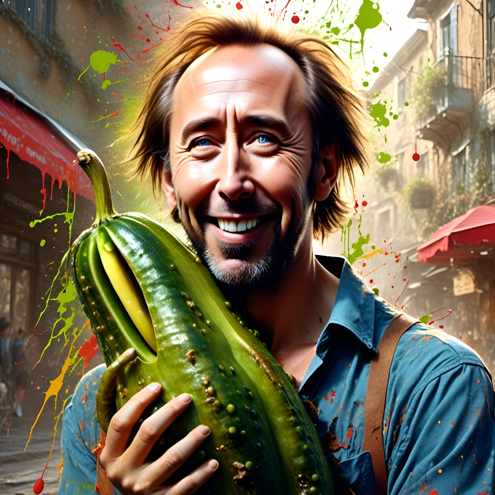 Nicolas Cage Holding Pickle, Digital Illustration