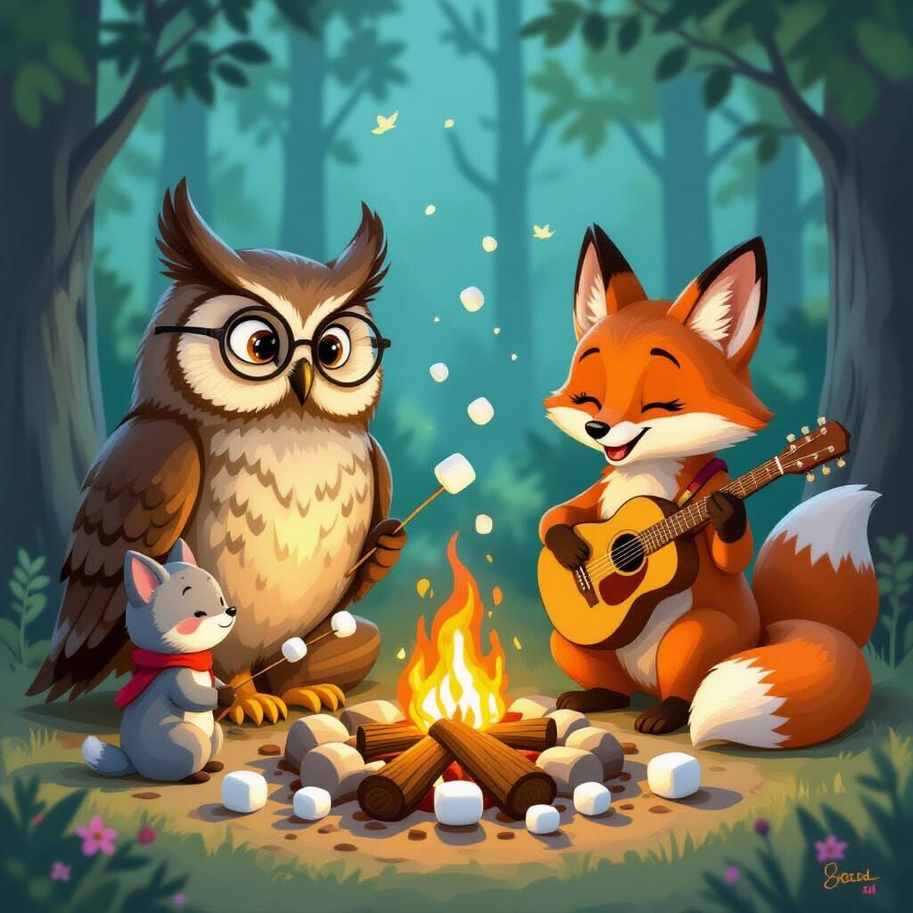 Woodland Creatures Campfire Scene, Painterly Illustration