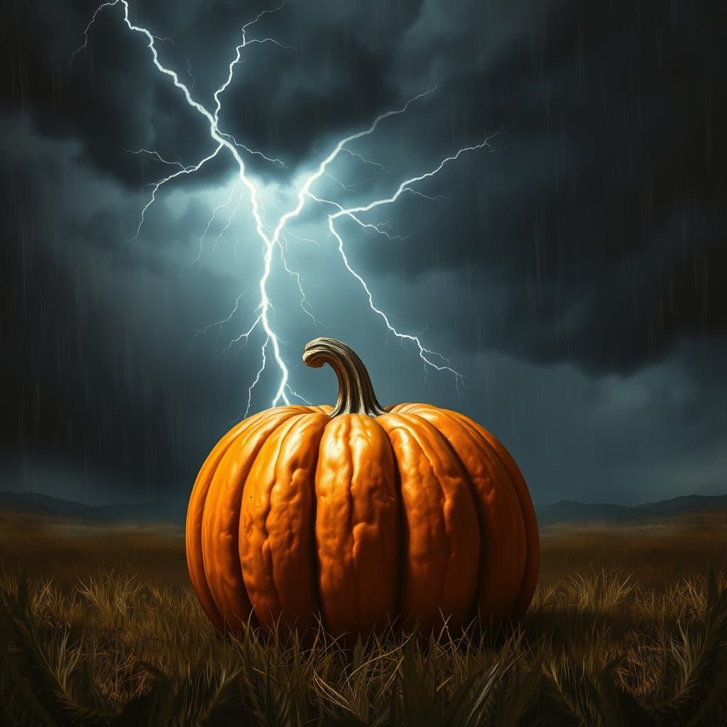 Lonely Pumpkin in Violent Thunderstorm Digital Painting