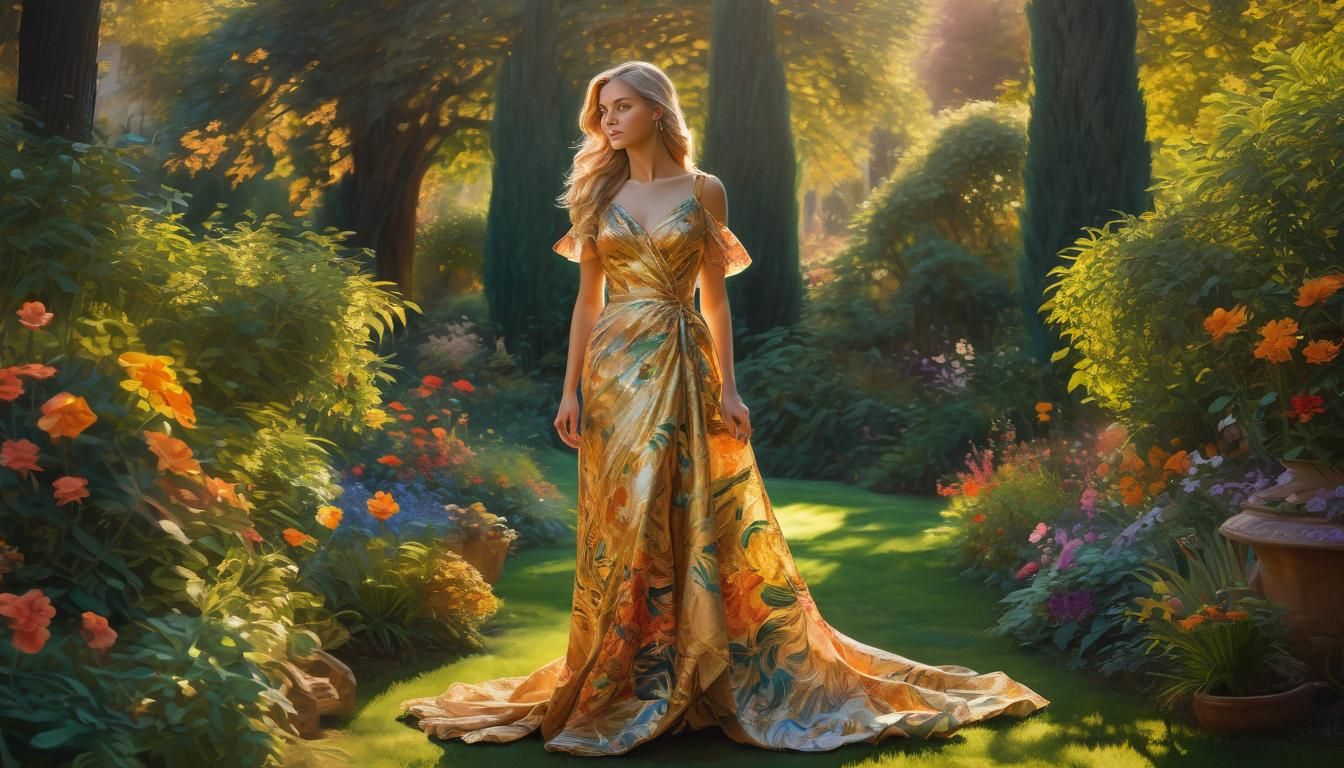 Elegant Woman in Sunlit Garden, Fauvist Oil Painting