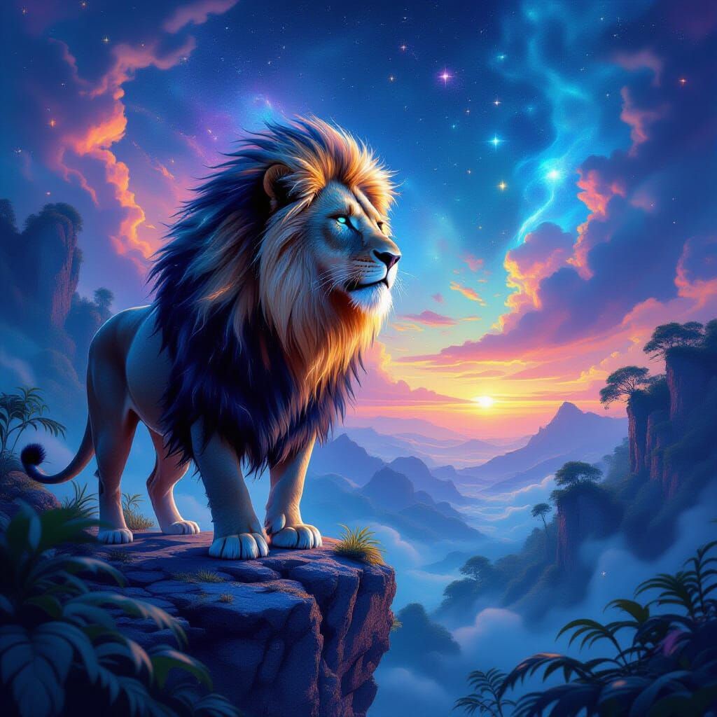 Cosmic Lion in Bioluminescent Jungle