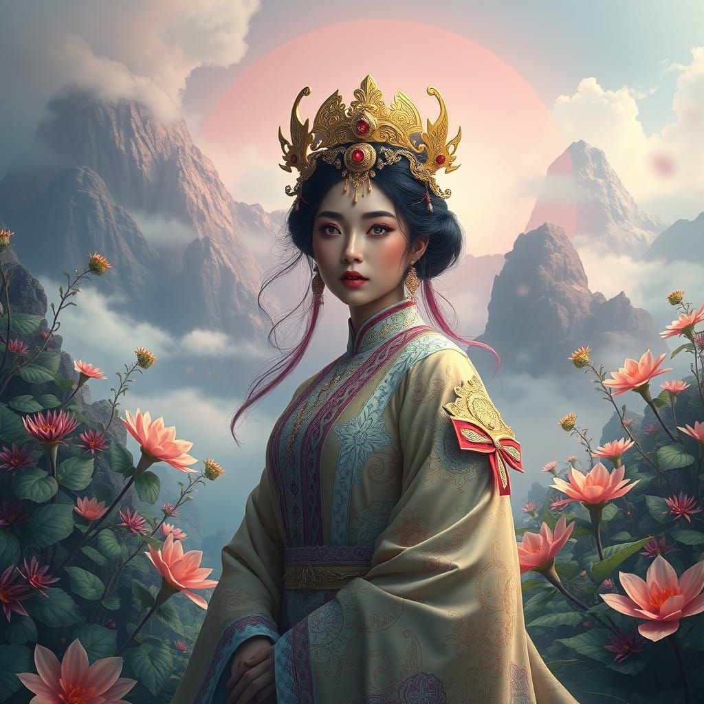 Ethereal Asian Goddess in Mythological Attire