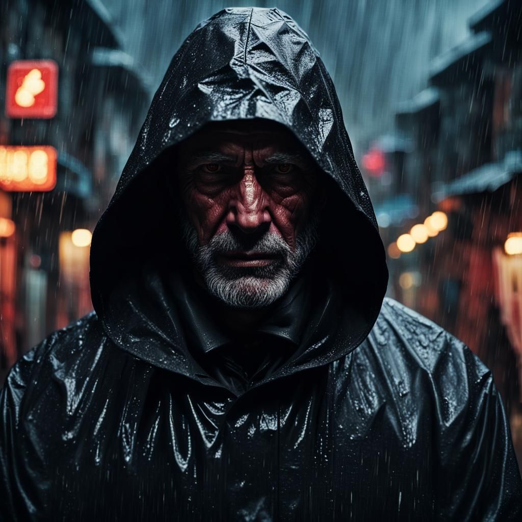 Hooded Stranger in Rainy Fantasy City: Hyperrealistic Portra...