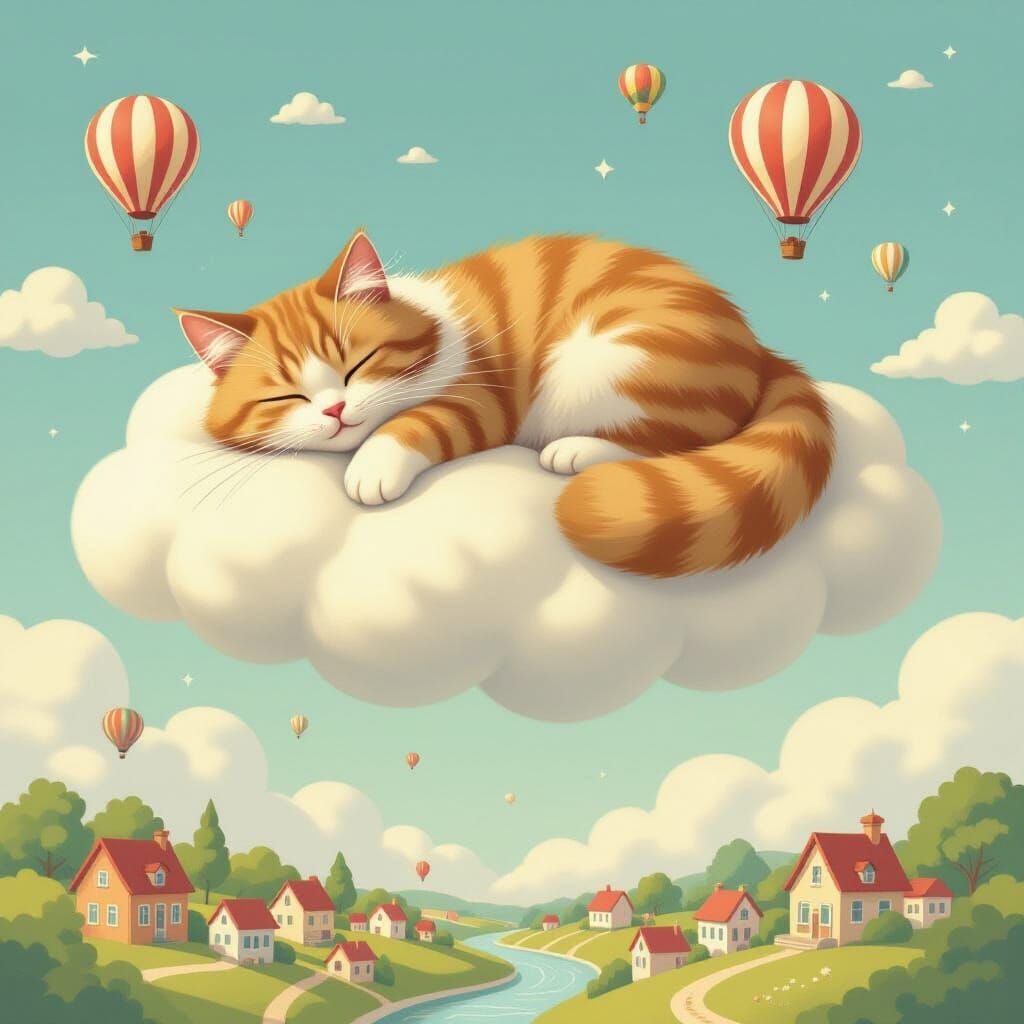 Giant Fluffy Cat Napping on Sky Cloud with Hot Air Balloons