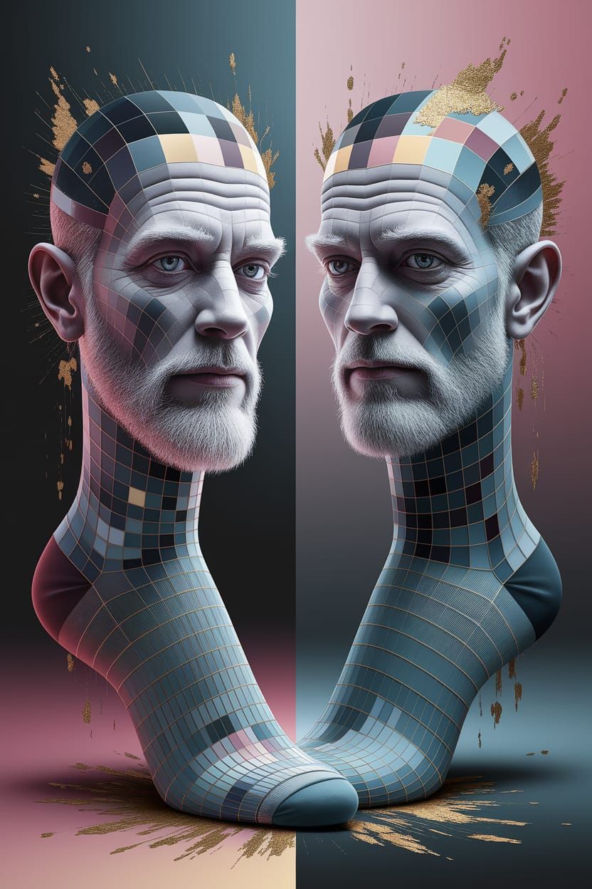 Abstract Socks Portrait in Cubist Style with Gold Accents