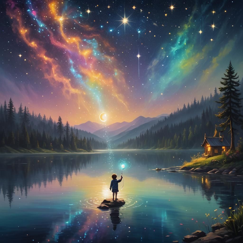 Child's Wish Ascends in Starry Night: Oil Painting