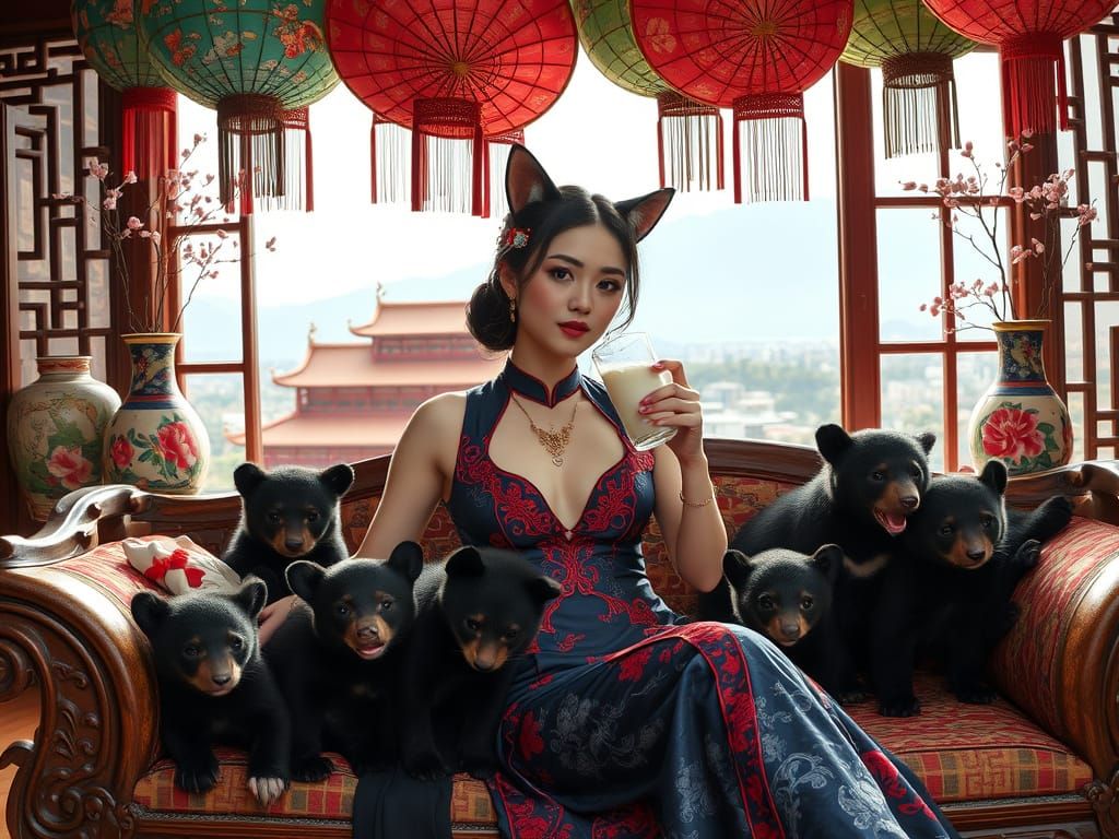 Chinese Woman with Cat Ears and Bear Cubs