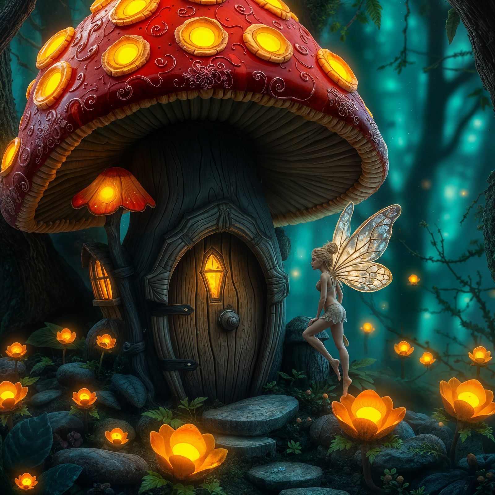 Enchanted Fairy Mushroom House in Bioluminescent Forest
