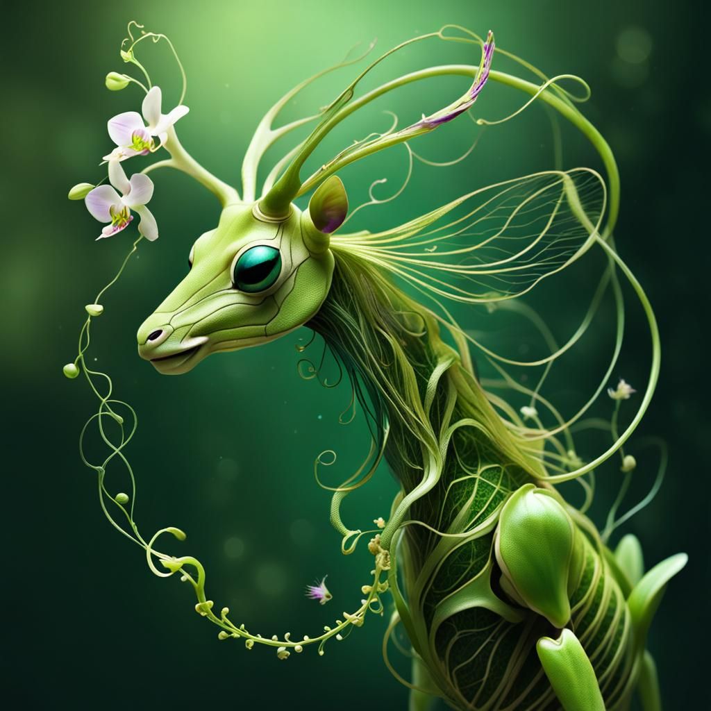 Surreal Bio-Art: Mantis Deer with Orchid Vines