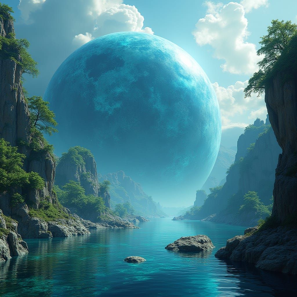 Cyberpunk-Inspired Blue Crystal Planet in 4K Resolution