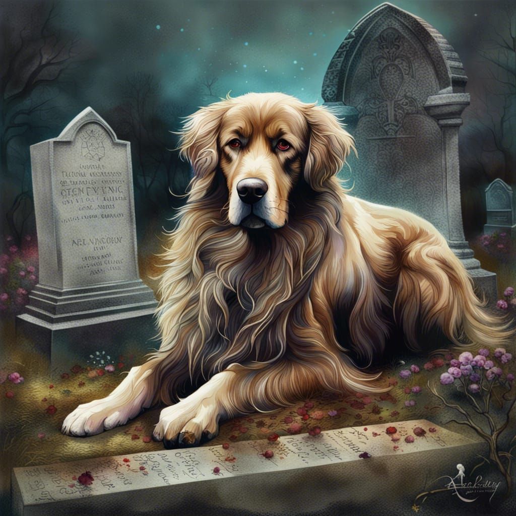 Heartwarming Painting of Sad Dog by Gravestone
