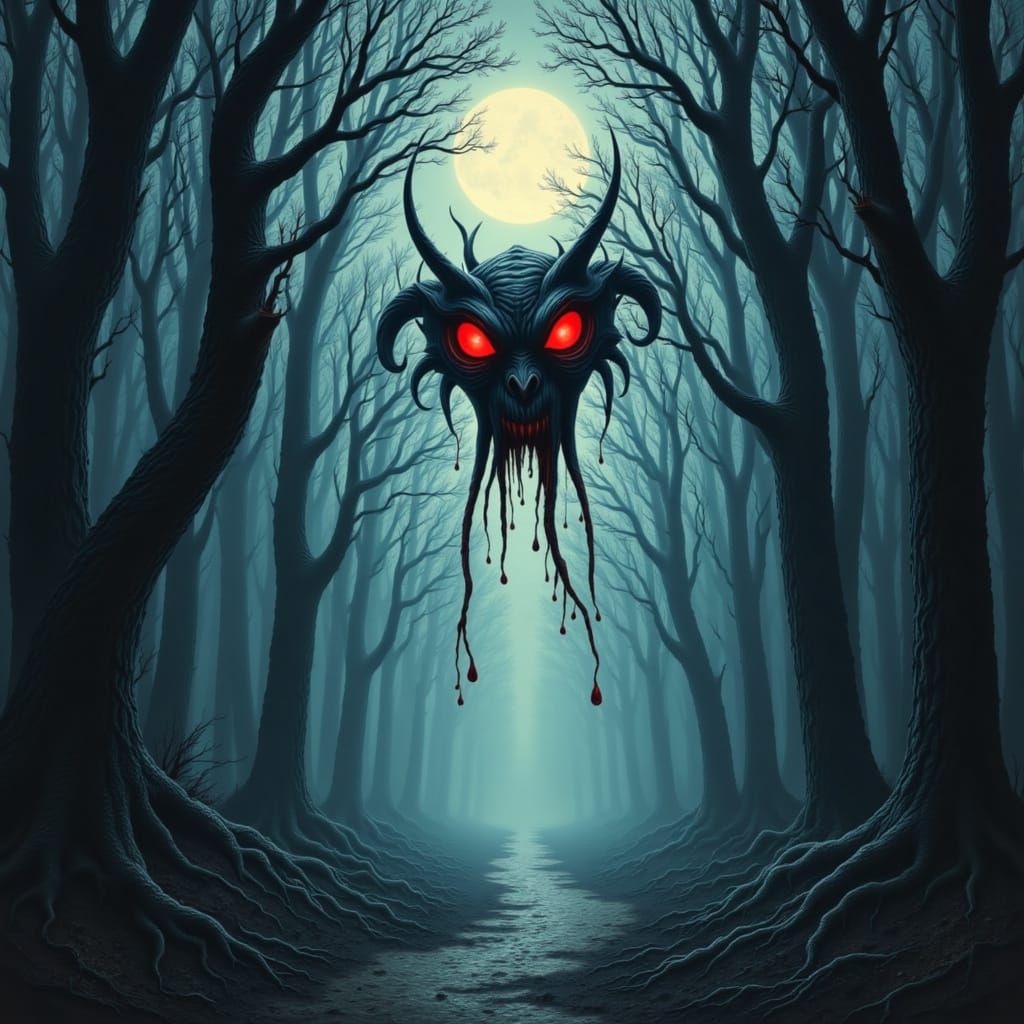 Ethereal Yokai in Ancient Forest: Dark Fantasy Illustration