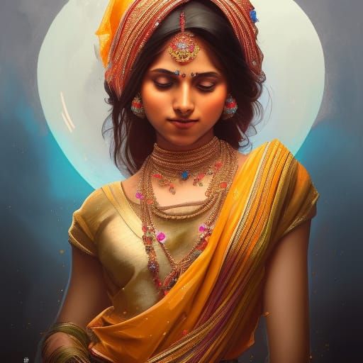 Beautiful Hindu Woman Portrait in Art Nouveau Style