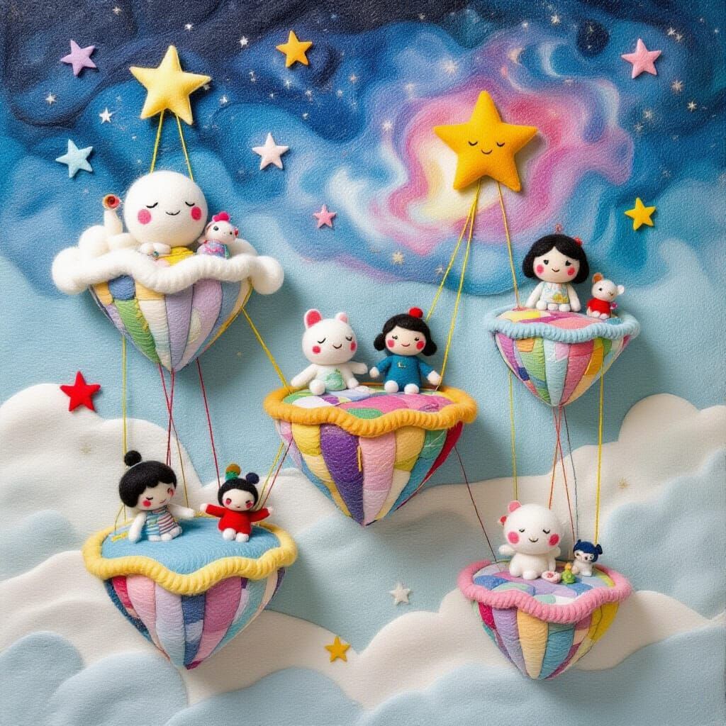 Felt Art Dreamscape with Floating Islands