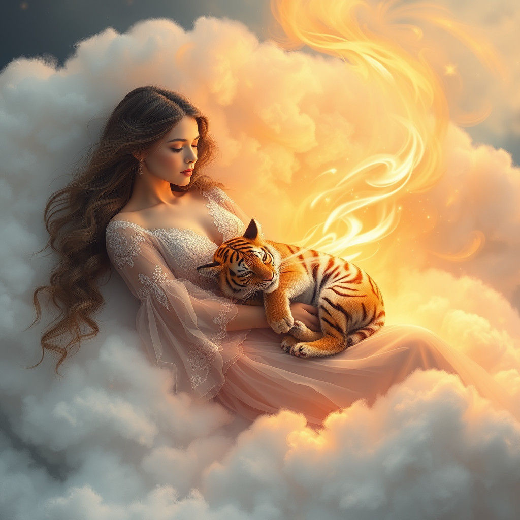 Woman and Baby Tiger in Dreamy Cloudscape
