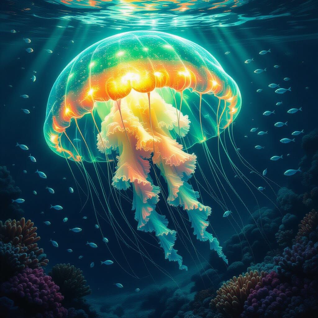 Bioluminescent Jellyfish Drifting Through Dark Ocean