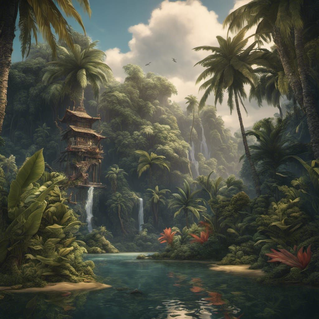 Tropical Paradise Family in Detailed Matte Painting