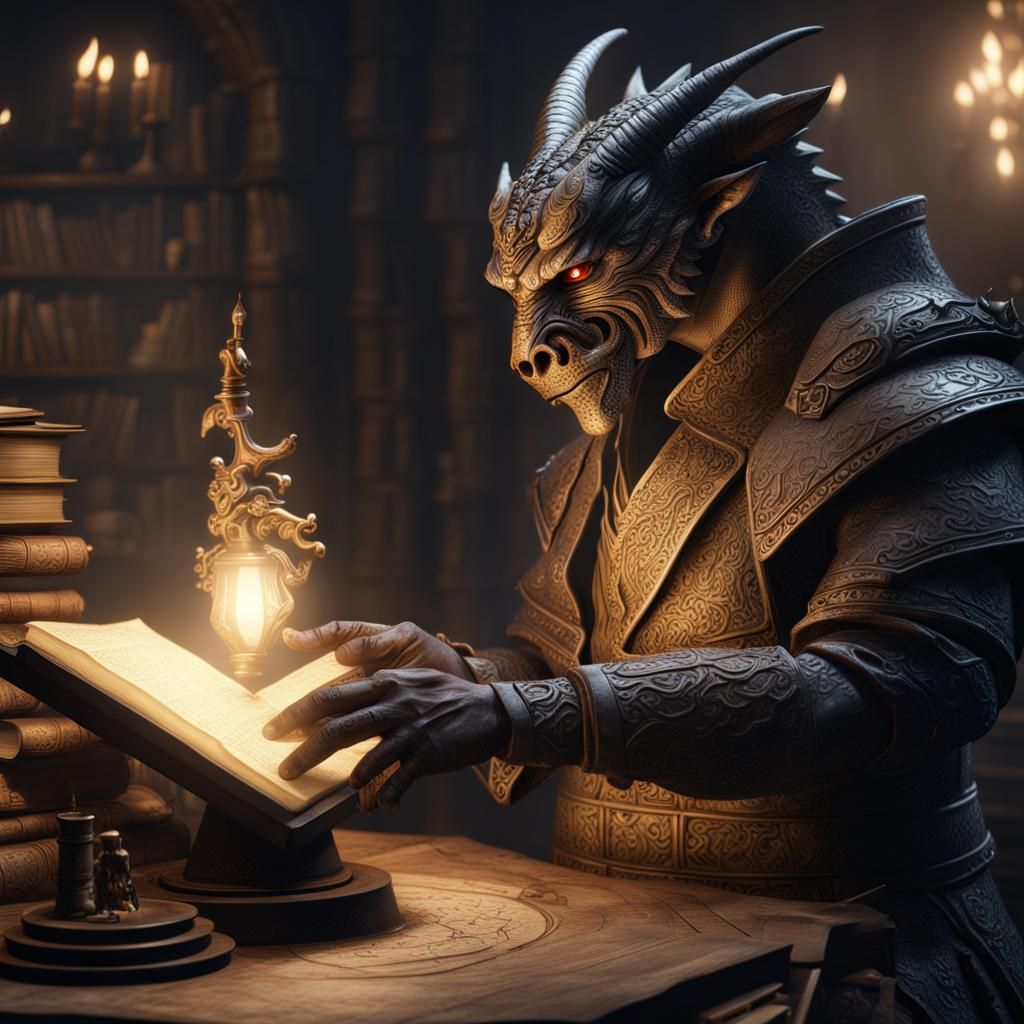 Dragonborn Scholar Immersed in Research: 8K Resolution