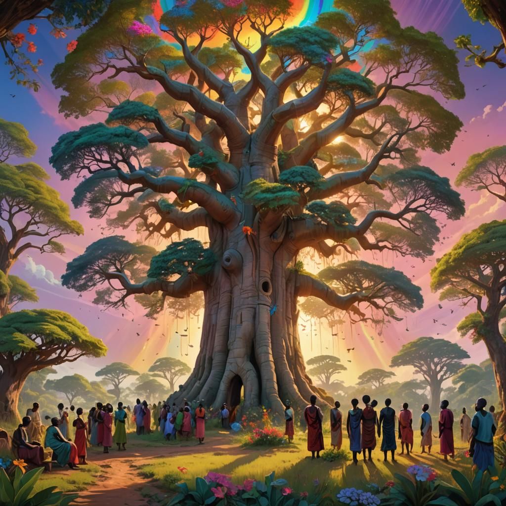 African Villagers Under Baobab Tree in Ethereal Style