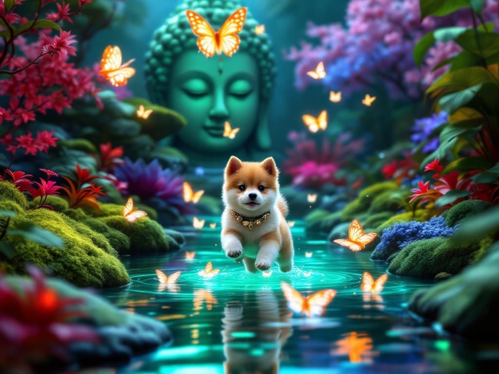 Shiba Inu Puppy Chases Bioluminescent Butterflies in Futuris...