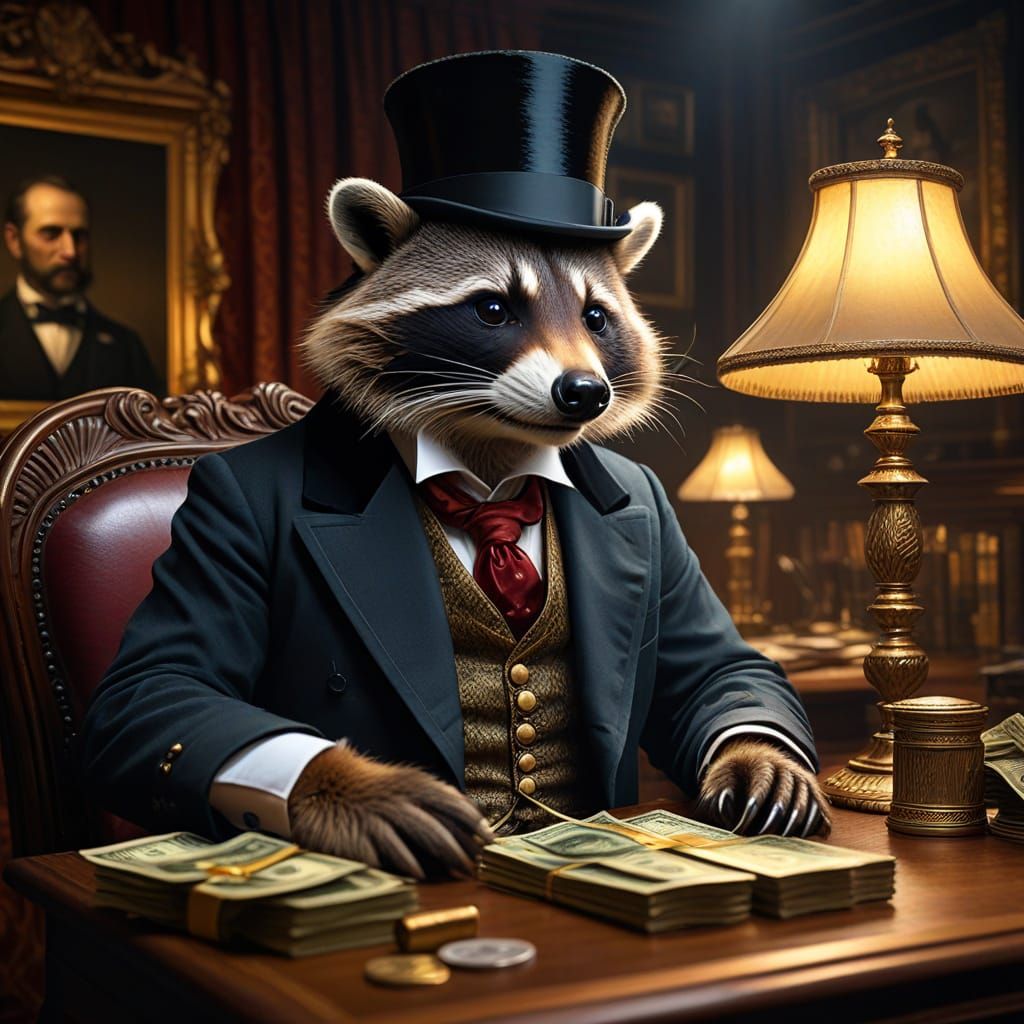 Victorian Raccoon Banker in Oil Painting Style