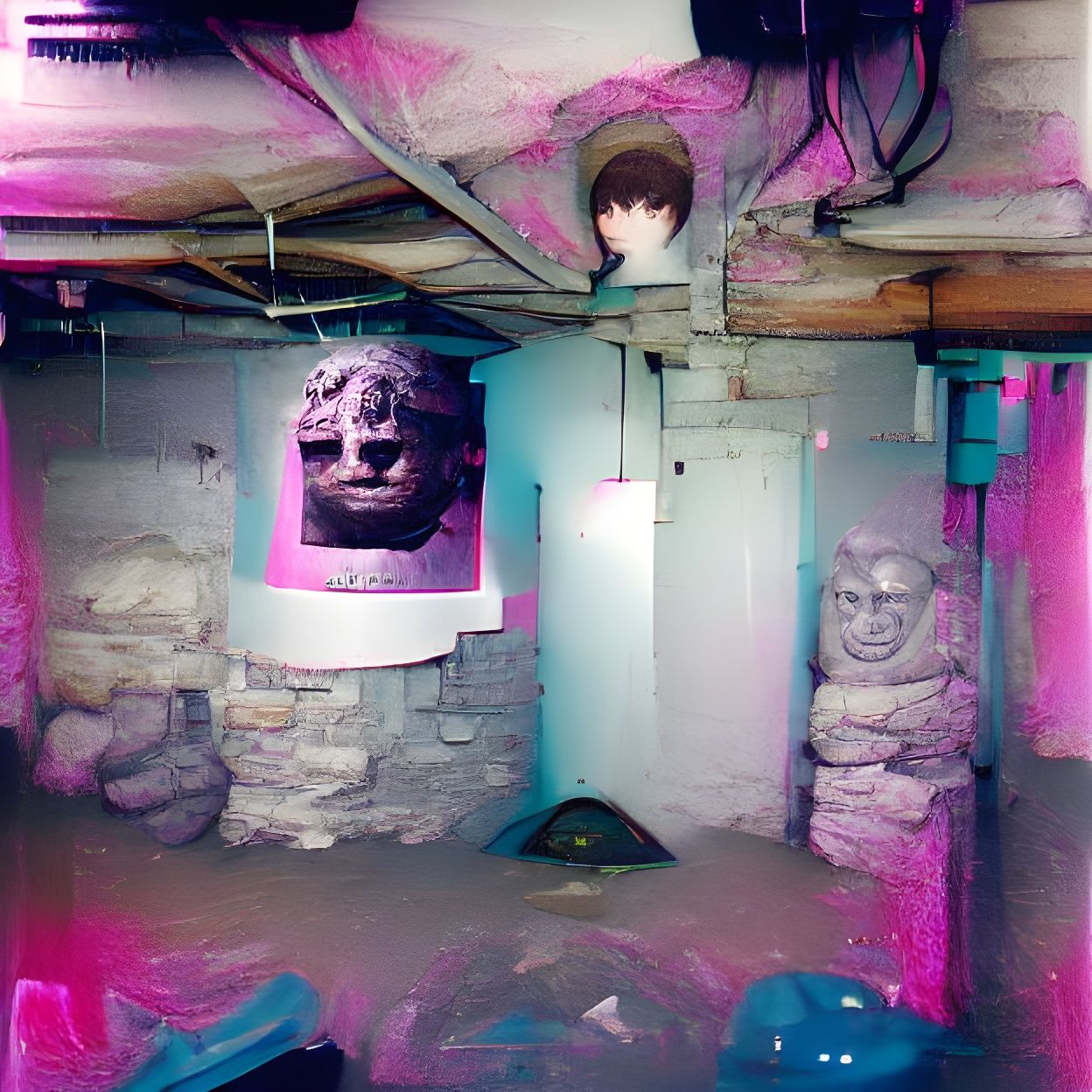 Floating Head Monster in Basement Shrine, Vaporwave Style