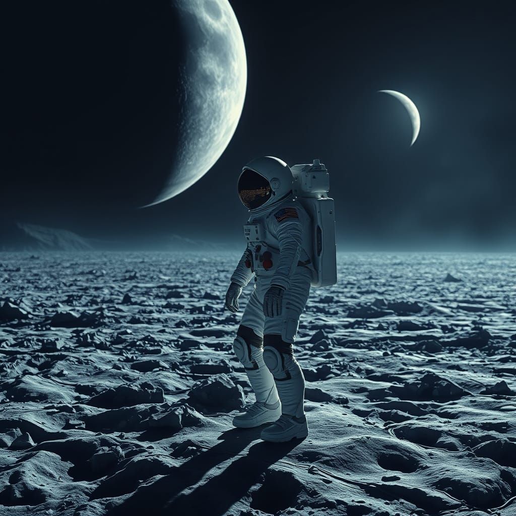 Astronaut on Dark Side of Moon in Hyperrealism
