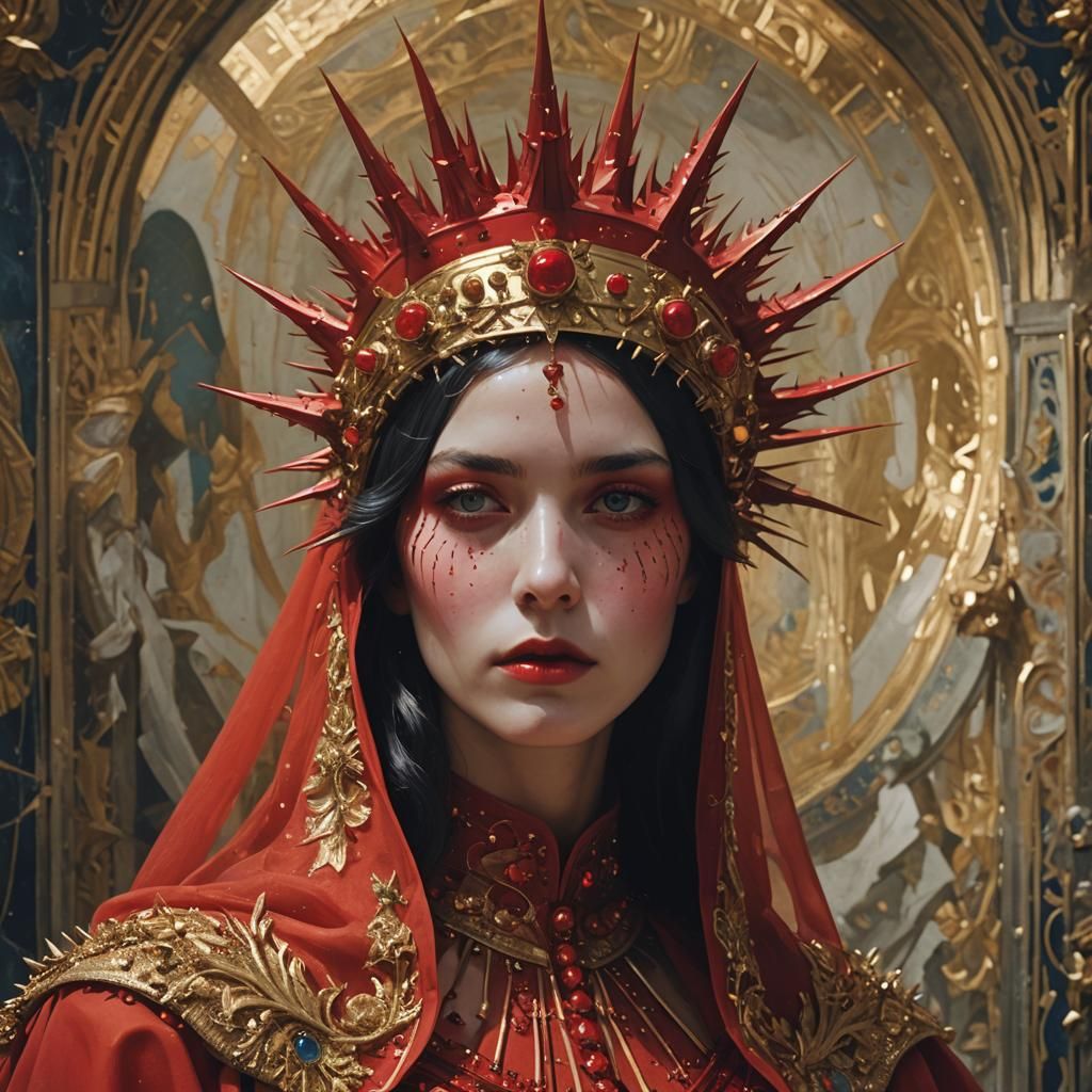 Celestialpunk Queen with Red Veil and Spiked Crown