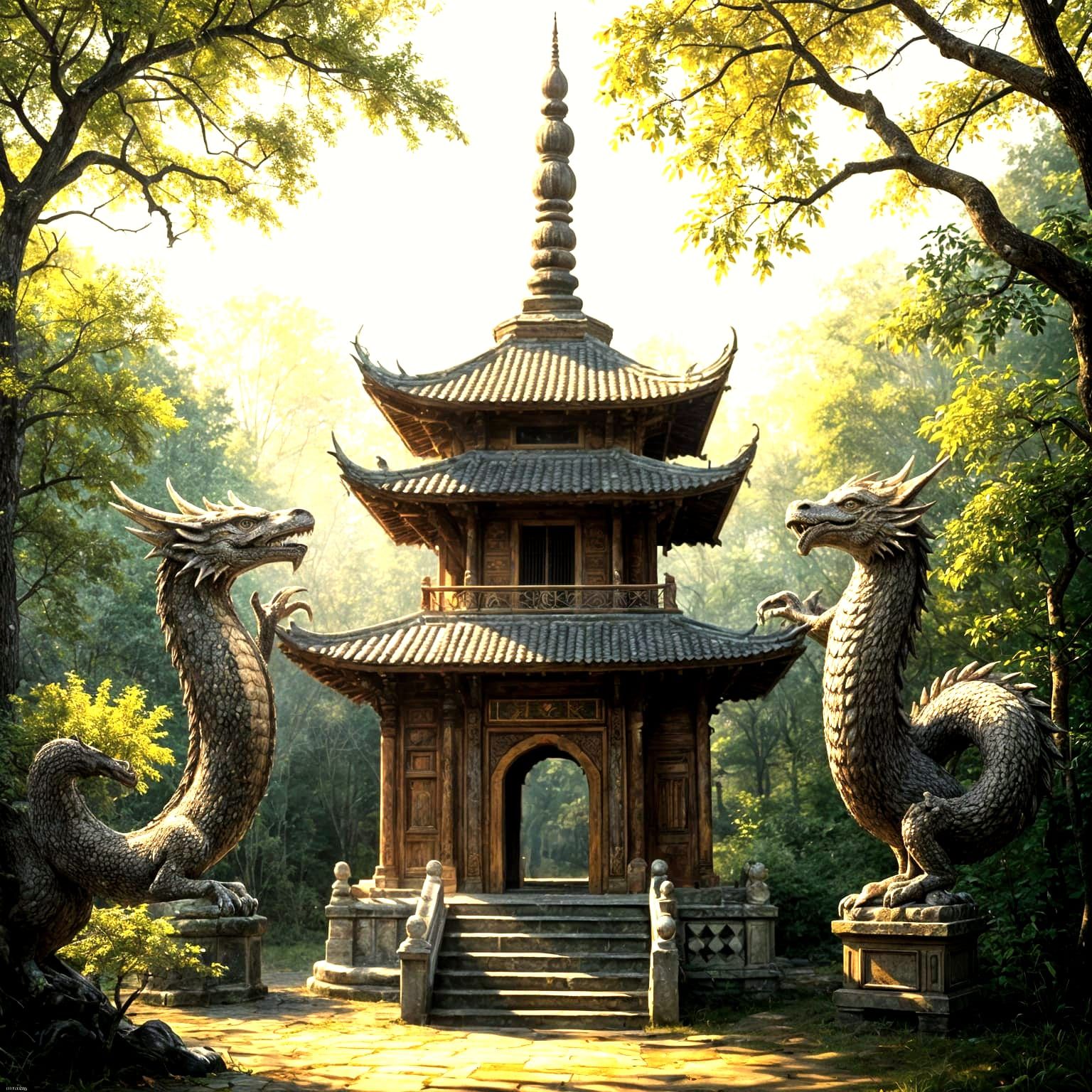 Ancient Pagoda Guarded By Dragons In Forest Clearing