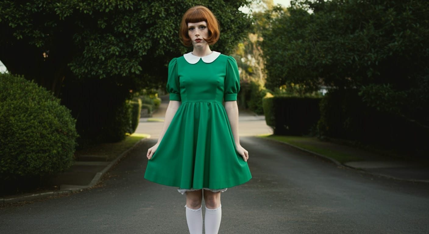Ginger-Haired Woman Stands Proud in Retro 1971 Suburban Sett...