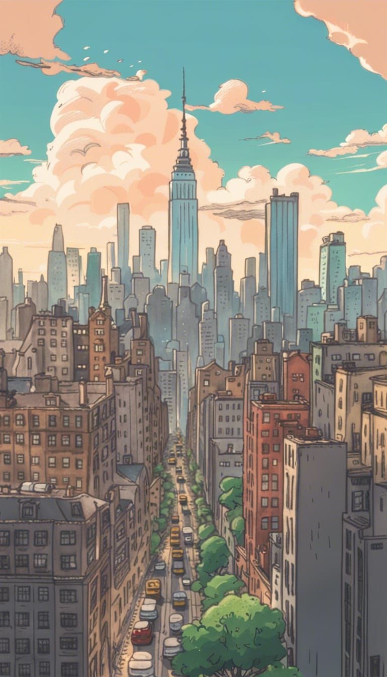 New York Skyline in Studio Ghibli Anime Style