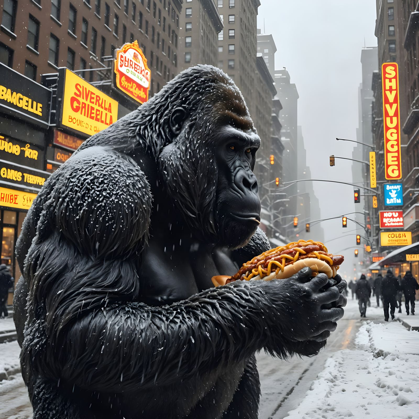 Silverback Gorilla Savors New York Hotdog in Snowy Metropoli...