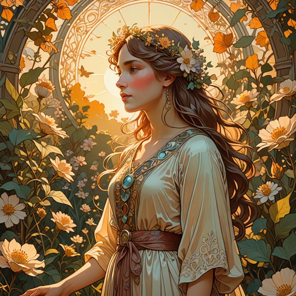 Woman in Sunlit Garden, Poetic Digital Art
