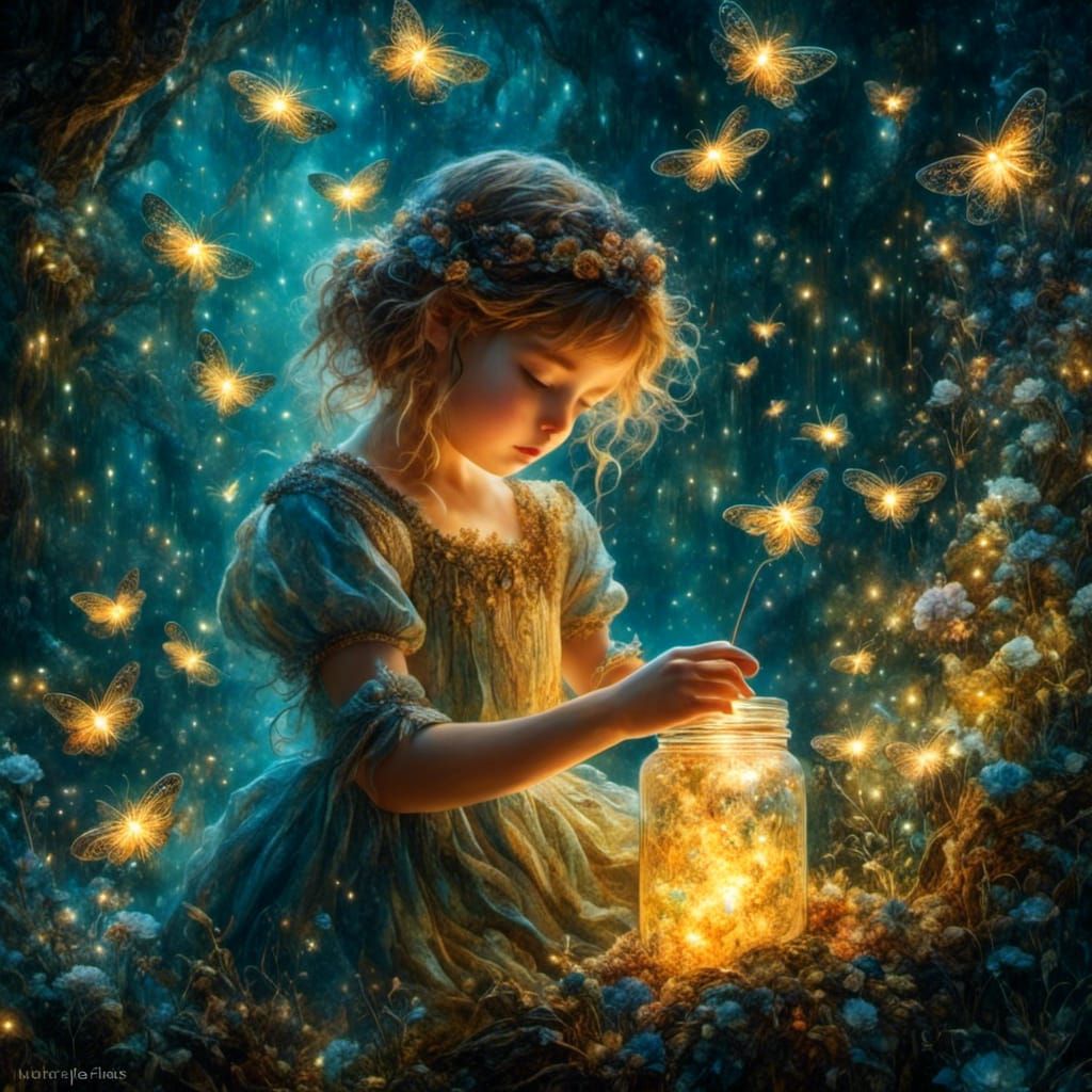 Girl Opens Jar of Fireflies in Enchanted Forest