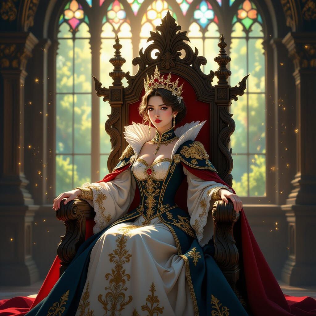 Regal Anime Queen on Gnarled Throne in Golden Light