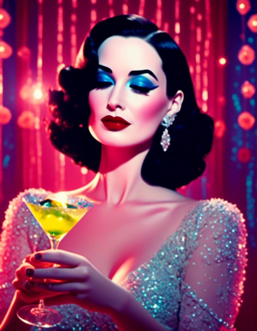 Dita Von Teese, with a golden martini
