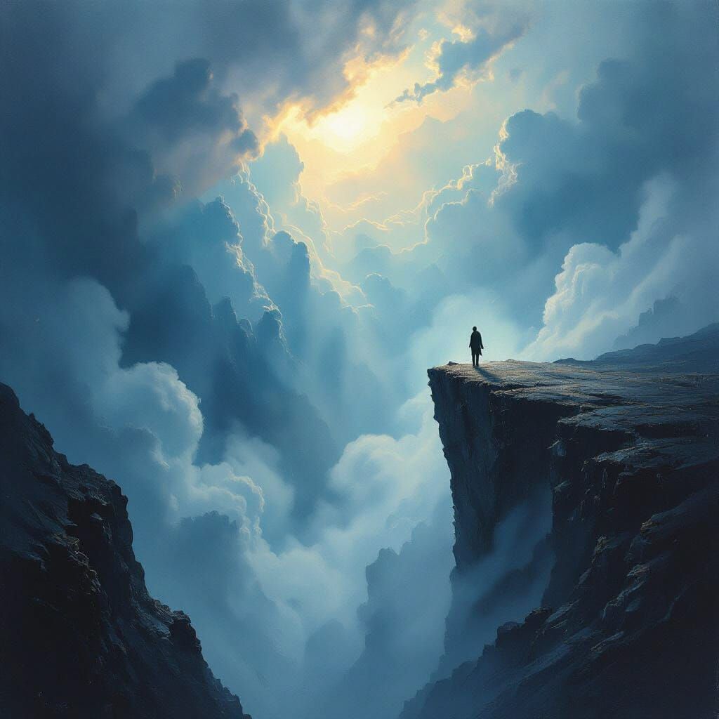 Figure at Chasm Precipice: Courageous Leap in Cinematic Ligh...