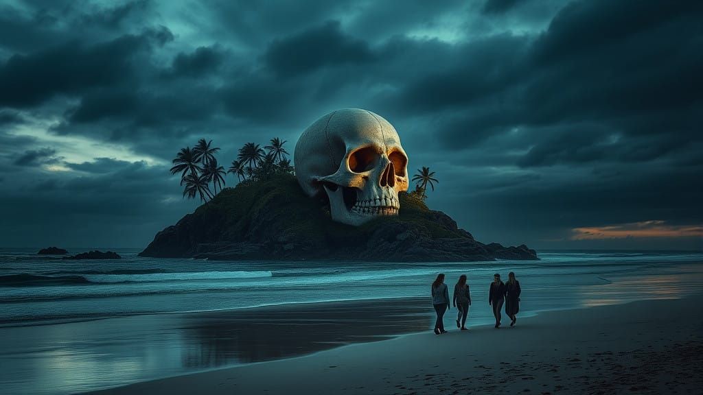 Women Walking on Beach in a Moody, Hyperrealistic Landscape