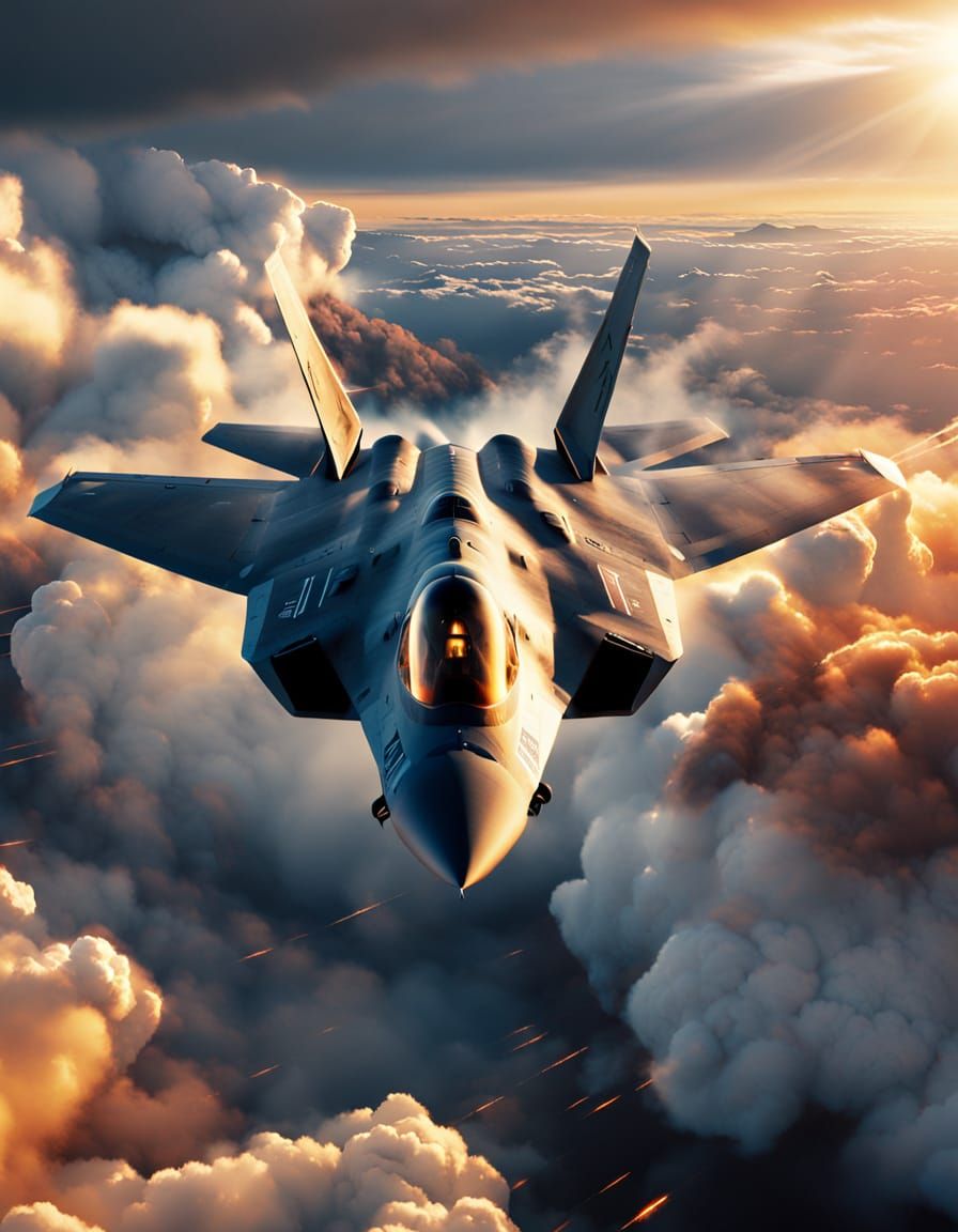 F-22 Raptor Soaring Through Sunrise Clouds