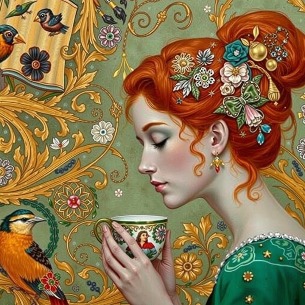 Portrait of a Redhead Woman in Profile with Intricate Backgr...