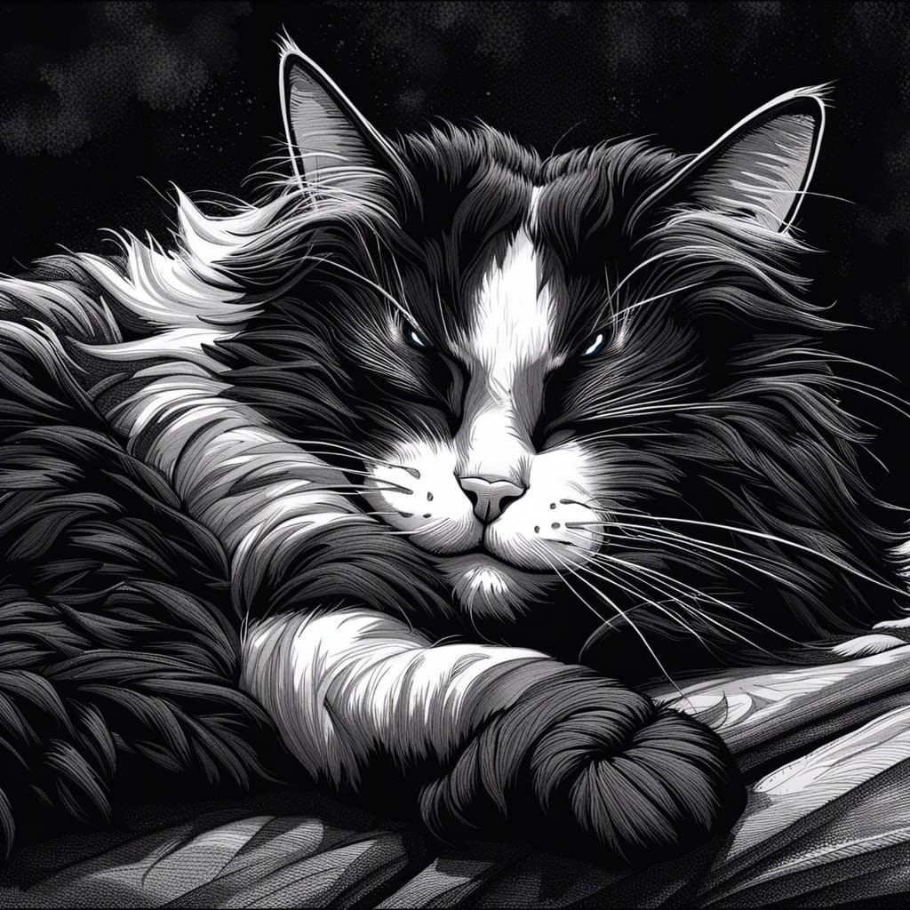 Resting Tuxedo Cat: Ink Drawing in Art Nouveau Style