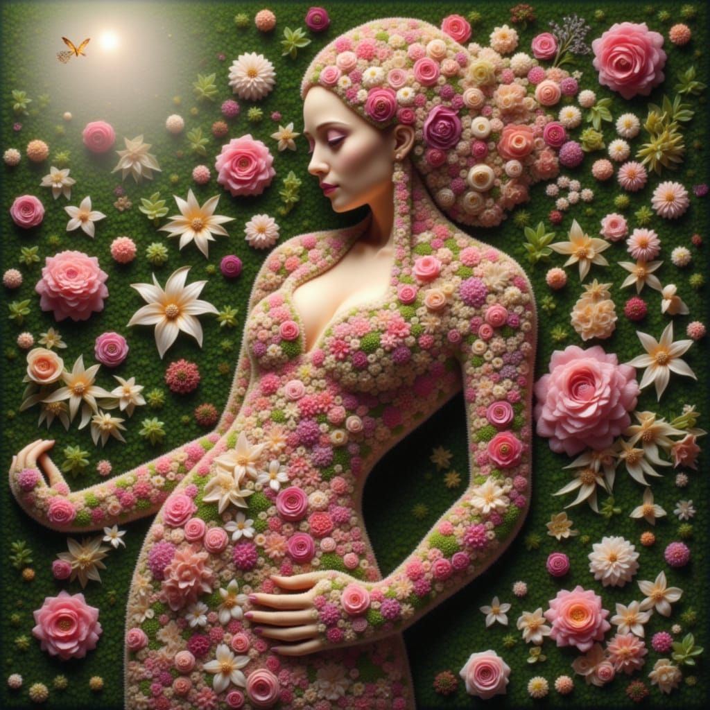 Woman Sculpted From Blooming Flowers and Leaves