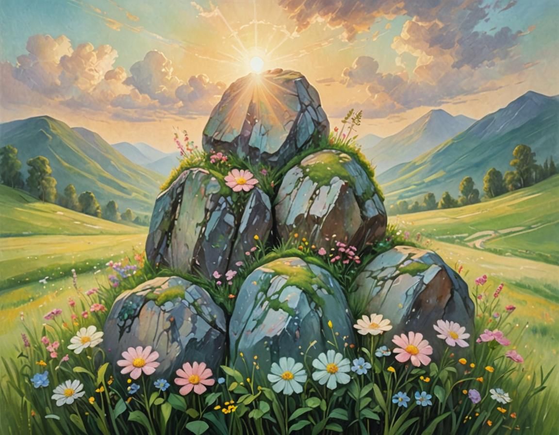Mountain of Stones and Flowers: Serene Impressionism